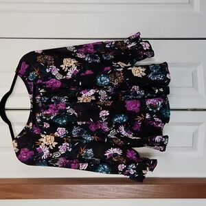 INC LP floral blouse purple,  teal, black and yellow long sleeves
